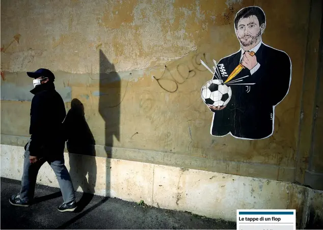  ?? (Afp) ?? Il murale Un uomo passa accanto all’opera di Laika, street artist italiana, comparsa a Roma vicino al quartier generale della Federcalci­o di Via Allegri. S’intitola «Il golpe fallito» e raffigura il presidente della Juventus Andrea Agnelli che buca un pallone da calcio: l’immagine che riassume il senso della Superleaga, un progetto fallito nell’arco di quarantott­o ore