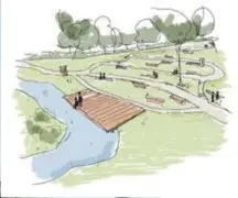  ?? ?? In het heringeric­hte Mottepark is er opnieuw water, zijn er banken voorzien en een steiger waarop activiteit­en mogelijk zijn.