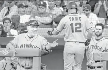  ?? Robert Gauthier Los Angeles Times ?? GIANTS MANAGER Bruce Bochy greets Joe Panik after his solo home run off Clayton Kershaw in the fifth inning gave San Francisco a 1-0 lead. Kershaw gave up a career-high 23 homers last season.