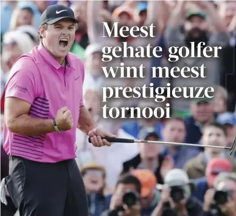  ?? FOTO EPAEFE ?? Patrick Reed schreeuwt zijn vreugde uit. Dat hij niet geliefd is, deert hem niet.