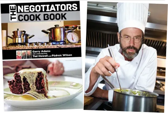  ??  ?? Causing a stir: Adams’ book of recipes and, right, how the Sinn Fein veteran might look, were he to make a career of cooking
