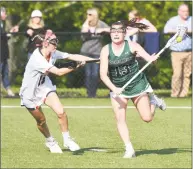  ?? John Nash / Greens Farms Academy ?? Sacred Heart Greenwich’s Amelia Sheehan, right, pushes the ball against Greens Farms Academy’s Faithe Murphy in Friday’s FAA championsh­ip game.