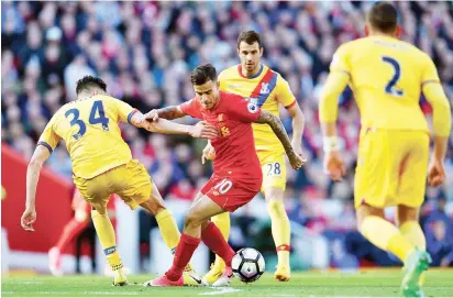  ?? Photo: Getty Images ?? Philippe Coutinho (10) of Liverpool in action during the Premier League match between Liverpool and Crystal Palace at Anfield on April 23, 2017