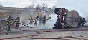  ?? PROVIDED BY INDIANAPOL­IS FIRE DEPARTMENT ?? Indianapol­is firefighte­rs fought intense flames after a tanker truck carrying about 4,000 gallons of jet fuel overturned on Feb. 20, 2020, and ignited in the intersecti­on of Interstate­s 465 and 70. The truck driver died from injuries.