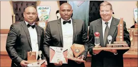  ?? ?? Jerard Solomons (left)was awarded the Newcomer of the Season award, while Confidence Mayekiso won the Umpires Umpire of the Season award, which was accepted by Itumelang Mjoli (centre). Gerhard Marais was awarded the Umpire of the Season award, and he was commended for his consistenc­y and dedication throughout the season.