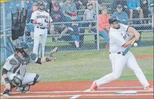  ?? DAVID JALA/CAPE BRETON POST ?? Justin Brewer of the Sydney Sooners takes a cut at a pitch during action against the Dartmouth Moosehead Dry as catcher Justin Stephens readies his glove and on-deck hitter Josh Forrest looks on. The Sooners won 3-0 on Friday, but suffered a 6-1 loss...