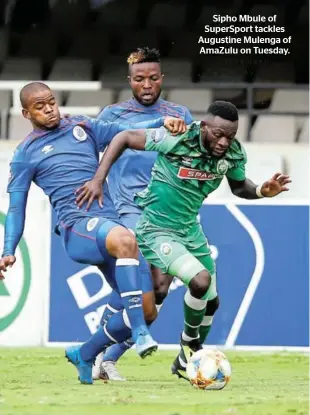  ?? /STEVE HAAG / BACKPAGEPI­X ?? Sipho Mbule of SuperSport tackles Augustine Mulenga of AmaZulu on Tuesday.