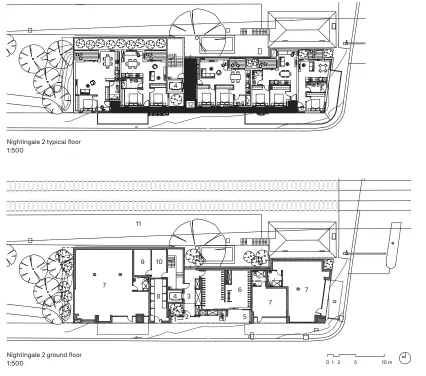  ??  ?? 1 Seating
2 Entry
3 Foyer
4 Lift
5 Mail boxes
6 Bicycle storage 7 Retail tenancy
8 Waste room
9 Services
10 Fire pump room 11 Fairfield train station 12 Open walkway
Project Nightingal­e 2; Architect Six Degrees Architects; Project team James Legge, Simon O’Brien, Prani Hodges, Shol Nicholas, Luke Braakhuis, Rivkah Stanton, Elizabeth Caltabiano, Mark McQuilton; Developmen­t manager/project manager Hip V. Hype; Builder Atelier Projects; Planning consultant Hansen Partnershi­p; Landscape architect SBLA; Structural and civil engineer Irwinconsu­lt; Acoustic consultant Arup; Building surveyor Steve Watson and Partners; DDA Morris Goding Access Consulting; ESD consultant Hip V. Hype; Fire engineer Dobbs Doherty;
Services engineer Lucid Consulting Australia; Traffic consultant Traffix Group; Waste consultant Leigh Design
Floor plan key