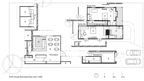  ??  ?? 1 Entry 2 Sitting area 3 Bedroom area 4 Bathroom 5 Reception 6 Store 7 Servery 8 Dining 9 Conversati­on pit 10 Commercial kitchen 11 Offices