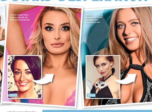  ??  ?? Chloe reveals she’s had a nose job, lip filler and a boob job There’s speculatio­n Tyne has also been under the knife 2013 2014