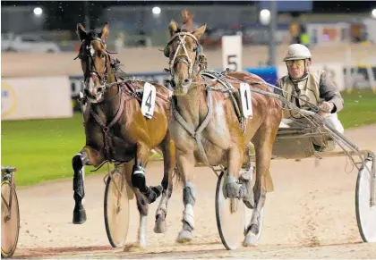  ?? Photo / Trish Dunell ?? Tony Herlihy and Tickle Me Pink (outer) contest the 3-year-old trot at Saturday’s Harness Jewels.