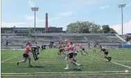  ?? CANADIAN PRESS FILE PHOTO ?? Members of the Wolfpack practice in Toronto last month. After starting in the third tier of English rugby league in 2017, Toronto is potentiall­y just seven games away from winning promotion to the elite Super League.