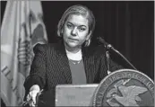  ?? TERRENCE ANTONIO JAMES/CHICAGO TRIBUNE ?? Dr. Allison Arwady, Chicago Department of Public Health commission­er, speaks Thursday at the Thompson Center.