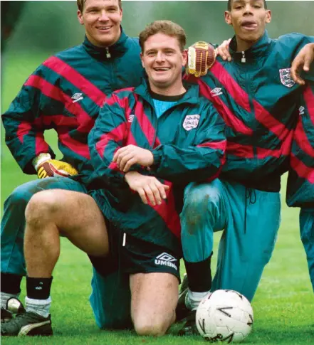  ??  ?? On national service: (from left) Chris Woods, Paul Gascoigne, Carlton Palmer, David Platt, John Barnes and Nigel Clough strike a pose while training with England in 1993