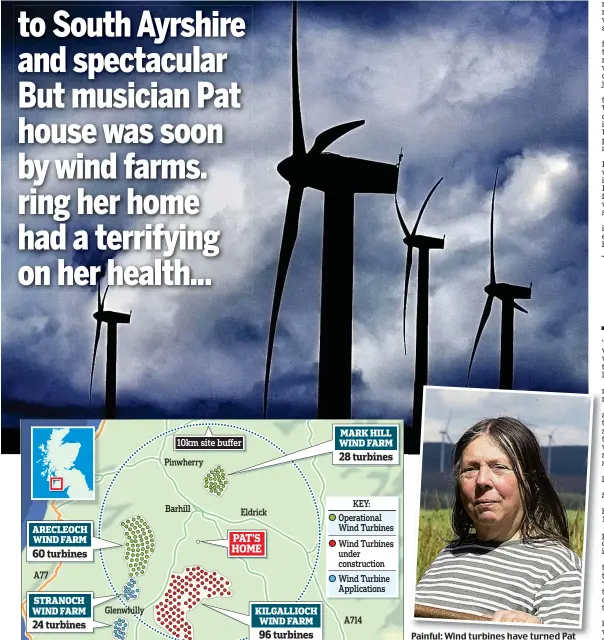  ??  ?? Painful: Wind turbines have turned Pat Spence’s idyllic home into a nightmare