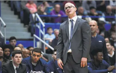  ?? Jessica Hill / Associated Press ?? UConn head coach Dan Hurley says that the Huskies have to avoid that “here we go again” moment like Saturday’s stinging loss to Villanova.