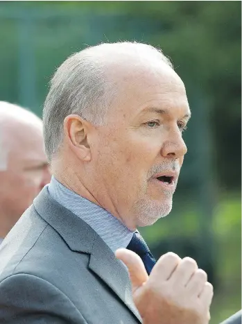  ?? MARK VAN MANEN ?? B.C. NDP Leader John Horgan, seen speaking in Surrey on Monday, says he thinks his party is “going to win and increase our seats in Surrey. I’m confident of that.”