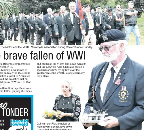  ?? ?? The Moths and the MOTH Motorcycle Associatio­n during Remembranc­e Sunday.
Gail van der Riet, principal of Flamboyant School, lays down a wreath during Remembranc­e Sunday.
Moth Gavin Wilsenach.