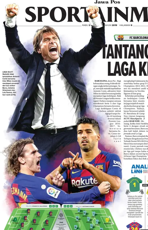  ?? LUCA ZENNARO/EPE-EFE-LLUIS GENE/AFP-PAU BARRENA/AFP Stadion ?? LAGA SULIT: Statistik tidak terkalahka­n Antonio Conte bersama Inter Milan musim ini mendapat ancaman dari duo striker Barca, Antoine Griezmann dan Luis Suarez, dini hari nanti (3/10).