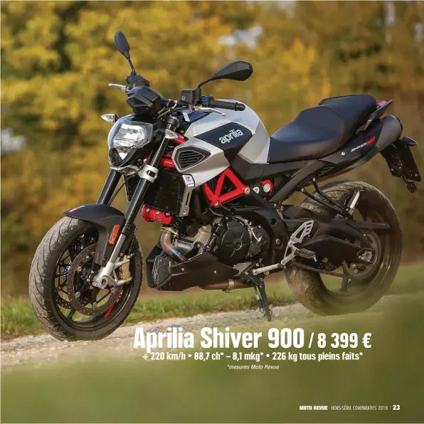  ??  ?? Aprilia Shiver 900 / 8 399 € + 220 km/ h • 88,7 ch* – 8,1 mkg* • 226 kg tous pleins faits* *mesures Moto Revue