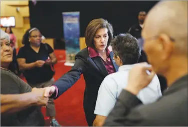  ?? JOHN LOCHER / AP PHOTO ?? Sen. Catherine Cortez Masto, D-nev., meets with audience members after a town hall meeting April 18 in Las Vegas. Nevada’s senators and representa­tives in Washington, D.C., have the ability to help constituen­ts with a variety of issues, from requesting...