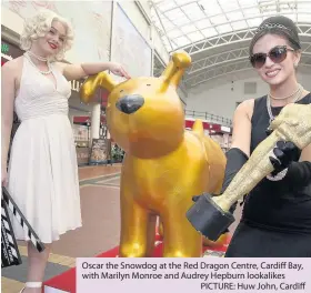  ??  ?? Oscar the Snowdog at the Red Dragon Centre, Cardiff Bay, with Marilyn Monroe and Audrey Hepburn lookalikes
PICTURE: Huw John, Cardiff