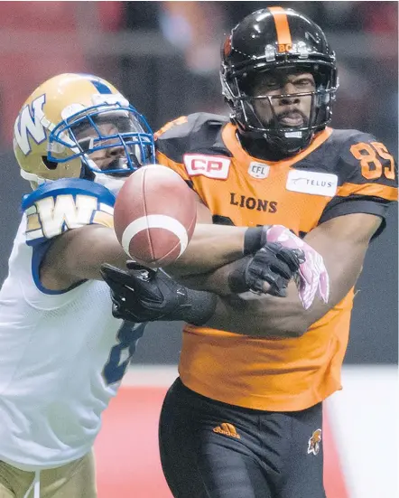  ?? — PHOTOS: CP FILES ?? B.C. Lions receiver Shawn Gore could play in Sunday’s West Division final against the Calgary Stampeders, depending on his progressio­n through the concussion protocol.