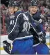  ??  ?? BRUCE BENNETT/GETTY Images Marian Gaborik, right, celebrates one of his three goals with Marian Hossa during Sunday’s NHL All-starGame in Ottawa.