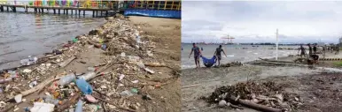  ?? FOTOS: CORTESÍA JUAN GONZÁLEZ Y JOSÉ VELÁSQUEZ ?? DAÑO. El rompimient­o de la barda en el río Las Vacas, Guatemala, provocó que toneladas de basura llegaran a Omoa; en Puerto Cortés los empleados retiraron los desechos sólidos.