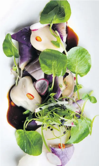  ?? — LEILA KWOK ?? Cold Smoked Yesso Scallops, Japanese Eggplant, Spicy Daikon Oroshi.