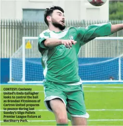  ?? ?? CONTEST: Coolaney United’s Enda Gallagher looks to control the ball as Brendan Fitzsimons of Cartron United prepares to pounce during last Sunday’s Sligo Pallets Premier League fixture at MacSharry Park.