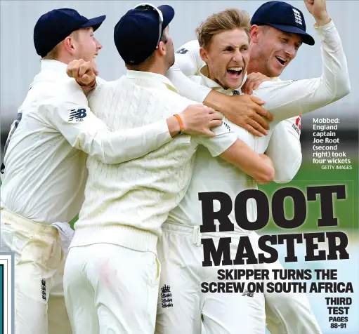  ?? GETTY IMAGES ?? Mobbed: England captain Joe Root (second right) took four wickets