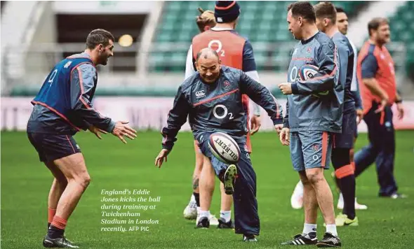  ?? AFP PIC ?? England’s Eddie Jones kicks the ball during training at Twickenham Stadium in London recently.