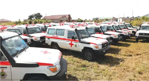  ?? ?? Part of the 40 ambulances that were commission­ed by President Mnangagwa in Stoneridge, Harare, yesterday. The ambulances will be distribute­d to all provinces countrywid­e. — Read story on Page 1