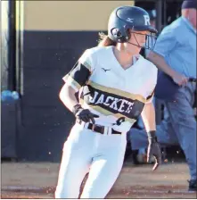  ?? Jeremy Stewart ?? Rockmart’s Alexis Teems heads to first base on one of her three hits against Coahulla Creek on Wednesday, Sept. 30, at Rockmart.