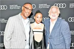  ?? — AFP photo ?? Director Tillman Jr., Stenberg and Board of Directors Co-Chair Randy Mastro attend the red carpet for ‘The Hate U Give’ at Southampto­n UA Theatre 1, during Hamptons Internatio­nal Film Festival 2018 — Day Two on Friday in Southampto­n, New York.