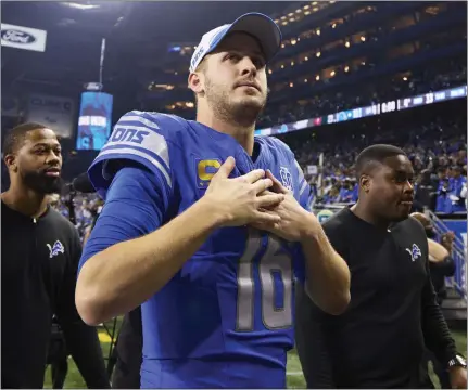  ?? RICK OSENTOSKI — THE ASSOCIATED PRESS ?? Detroit Lions quarterbac­k Jared Goff has completed 74.3% of his passes with three TDS and no intercepti­ons in two postseason victories.