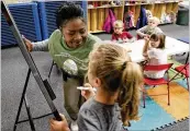  ?? TY GREENLEES / STAFF ?? Center manager Eartha DeWalt of Good Shepherd Academy in Miamisburg helps Kenzie Dawson in writing and spelling.