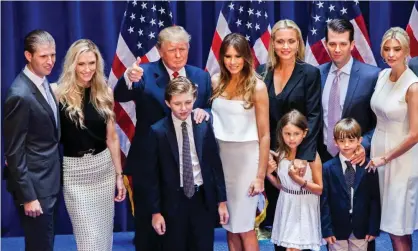  ??  ?? Donald Trump announces his candidacy for president in 2015 alongside (from left) Eric, Lara, Barron, Melania, Vanessa, Kai, Donald Jr, Donald John III and Ivanka Trump. Photograph: Christophe­r Gregory/Getty Images