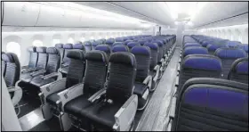  ?? TED S. WARREN/THE ASSOCIATED PRESS FILE ?? Economy class seating is shown in January on a new United Airlines Boeing 787-9 at Seattle-Tacoma Internatio­nal Airport. The Senate refused Thursday to come to the aid of airline passengers squeezed by the ever-shrinking size of their seats.