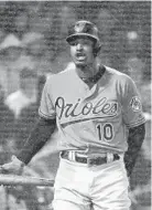  ?? MICHAEL DWYER/ASSOCIATED PRESS ?? Orioles center field Adam Jones reacts after striking out during the seventh inning of a loss to the Red Sox. Jones had one of his team’s six hits Saturday night.