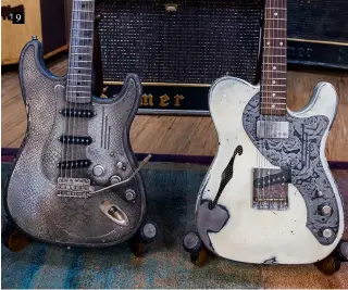  ??  ?? 9 9. James Trussart Snakeskin Steel-O-Matic signature (left) and Deluxe SteelCaste­r Both models have custom-ordered left-handed necks and bridge pickups. Note the Steel-O-Matic’s ‘de-relic’d’ playing wear