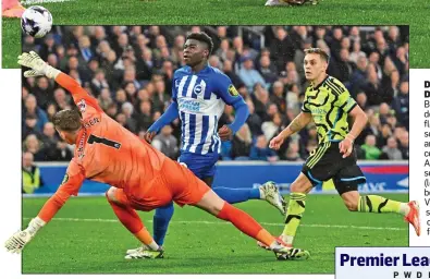  ?? ?? DOUBLE DELIGHT: Brighton’s defence is floored as scorer Havertz and Jorginho celebrate Arsenal’s second and (left) Trossard beats Verbruggen to seal victory over his former club