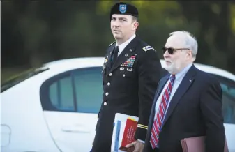  ?? Andrew Craft / Associated Press ?? Sgt. Bowe Bergdahl and his attorney, Eugene Fidell, arrive at the Fort Bragg courthouse. Bergdahl pleaded guilty to desertion and misbehavio­r and faces a possible life sentence.