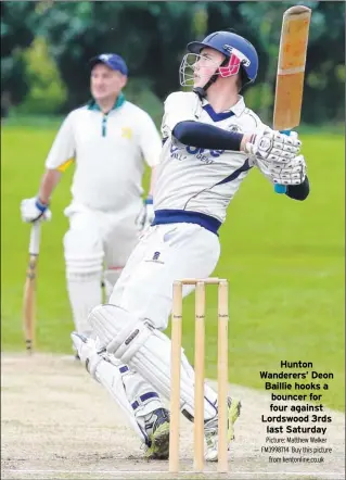  ?? Picture: Matthew Walker FM3998714 Buy this picture
from kentonline.co.uk ?? Hunton Wanderers’ Deon Baillie hooks a bouncer for four against Lordswood 3rds
last Saturday