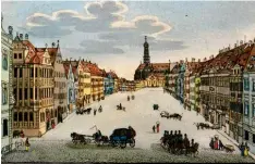  ??  ?? Die Maximilian­straße ist auf dieser Abbildung im Vergleich zu heute verhältnis­mäßig leer, auch die Prachtbrun­nen fehlen.