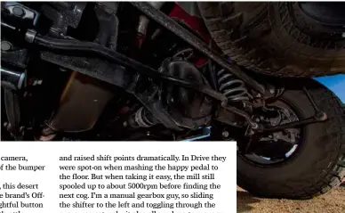  ??  ?? BACK END
The rear Gen III Dana 44 axle has 1.25-tonne tubing, 4.10:1 gears and an electric-locking diff; a heavy-duty track bar keeps the axle in place; suspension mounting points on the frame were beefed up.