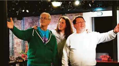  ?? Courtesy of Curtain Call ?? Miles O'Riordan, played by Patrick Pagliaro, center, tries to drag Barney (Jeff Pliskin), left, and Toc (Jim Foley) into another wild plan in the premiere of “The Lobby” at Curtain Call's Dressing Room Theatre in Stamford.