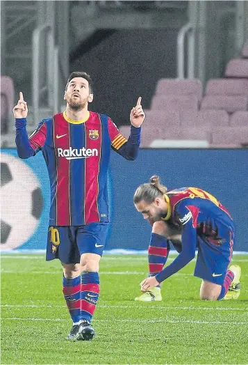  ?? AFP ?? Barcelona’s Lionel Messi celebrates after scoring against Elche CF at the Camp Nou.