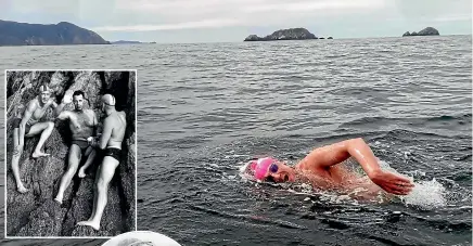  ??  ?? Brett Richardson conquered Cook Strait on Tuesday, in 10 hours 20 minutes; inset, Barrie Devenport, centre, after swimming Cook Strait in 1962; right, Meda McKenzie swam Cook Strait both ways and went on to conquer the English Channel.